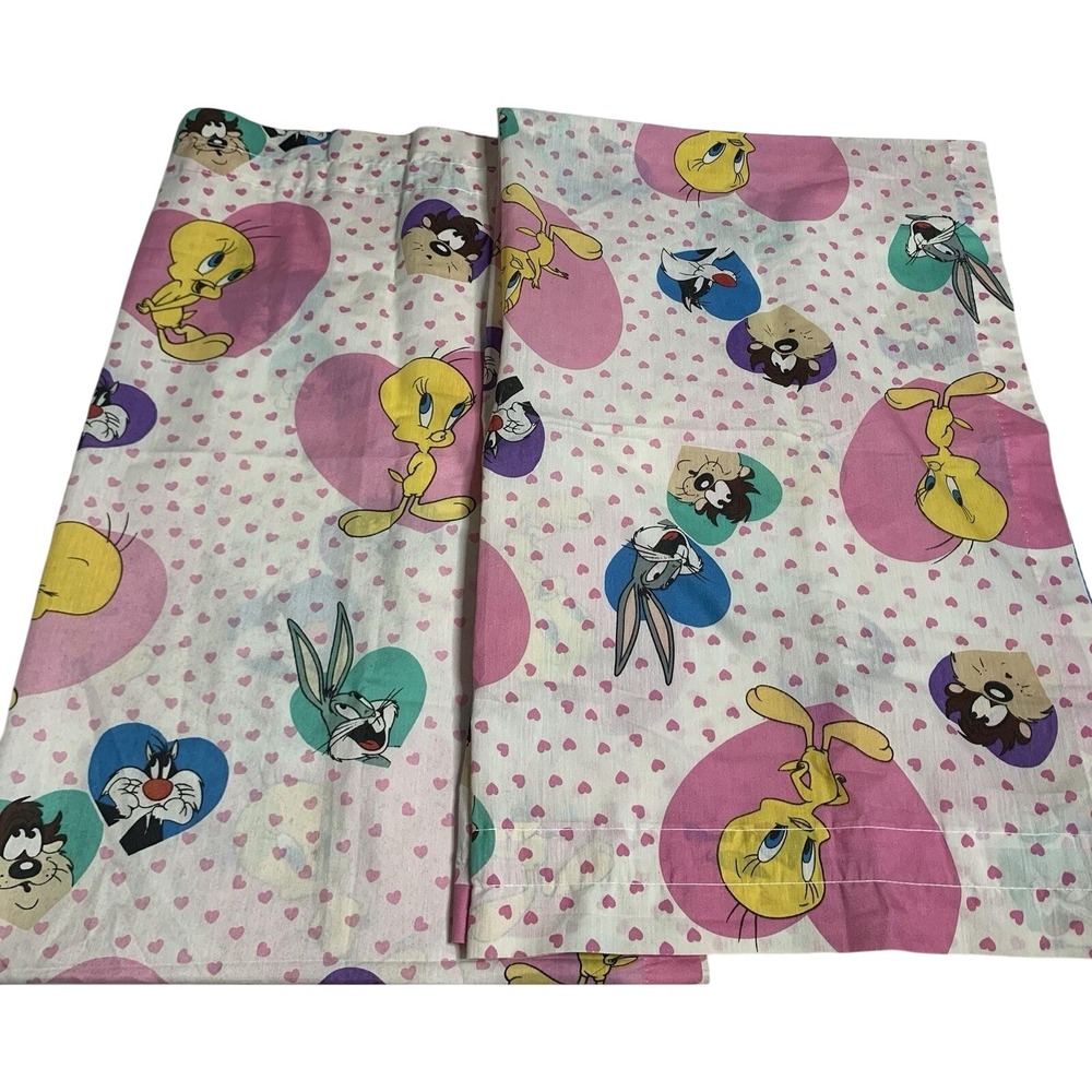 1994 Set 2 Panels Vintage Looney Tunes Pink Hearts Curtains 40"x99" Tweety